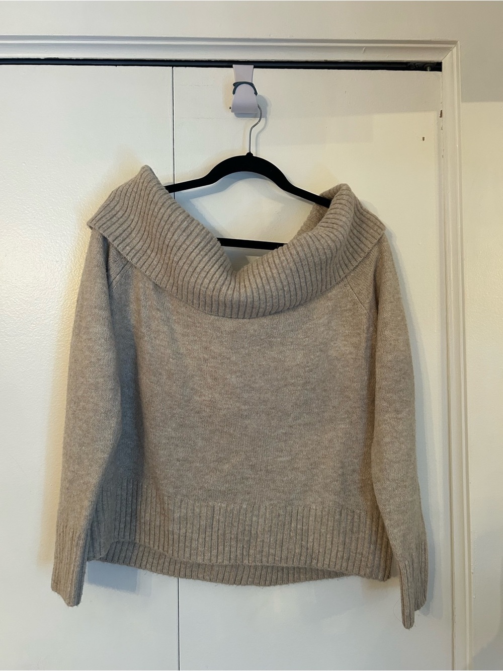 Cozy off the shoulder Women's Sweater in Light Taupe